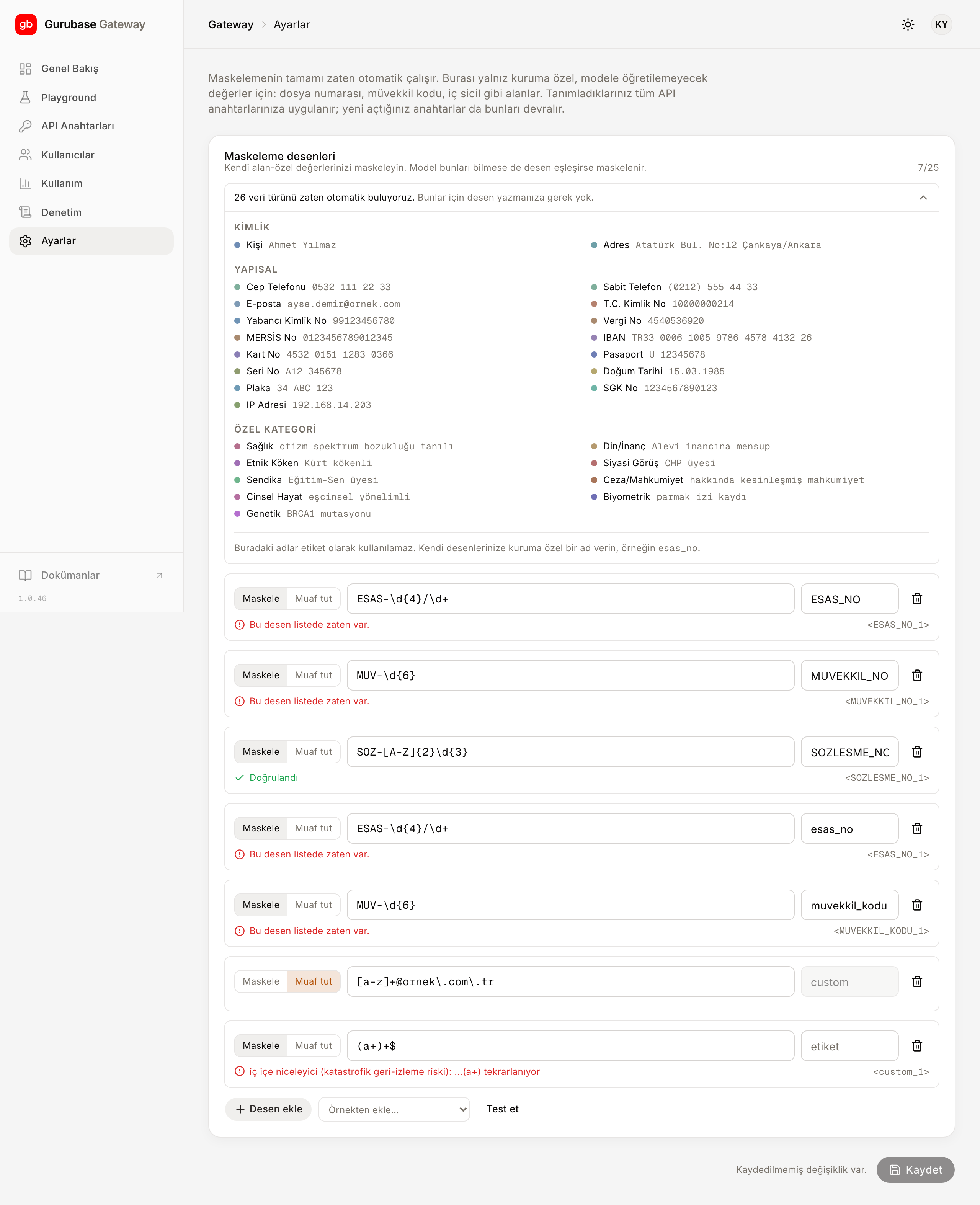 Masking patterns screen: pattern list, live validity check, and the list of built-in categories