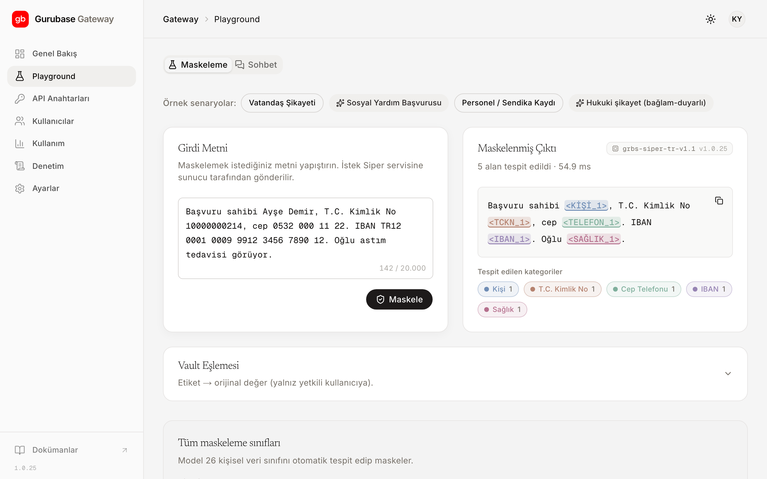 Playground masking screen: input text and color-coded masked output side by side